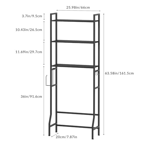 Black 3-Tier Metal Toilet Shelf Organizer with Hooks - Space Saver
