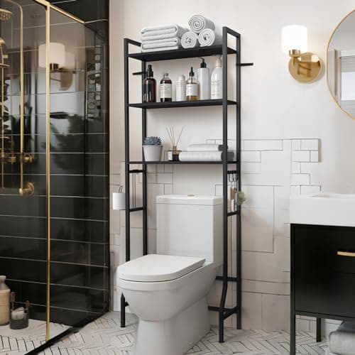 Black 3-Tier Metal Toilet Shelf Organizer with Hooks - Space Saver