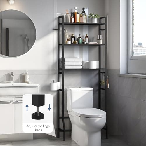 Black 3-Tier Metal Toilet Shelf Organizer with Hooks - Space Saver