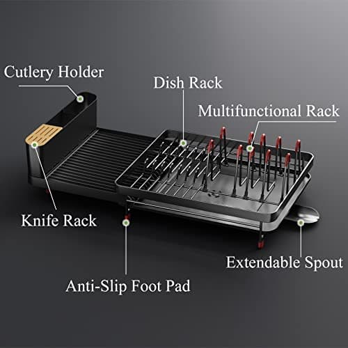 Expandable Dish Drying Rack for Kitchen Counter - 16.5 to 27 with Cutlery & Pan Holders, Anti-Rust Drainboard