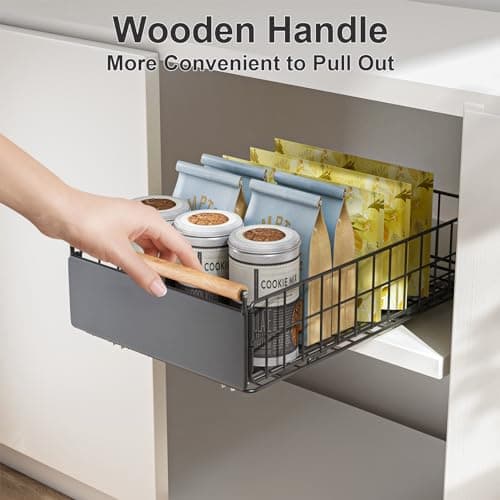 Cabinet Organizer with Slide Out Drawers and Wooden Handle for Kitchen, Pantry, Bedroom, Office