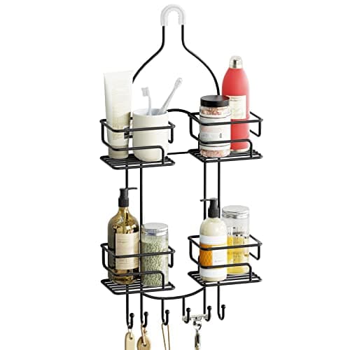 SRIWATANA Black Hanging Shower Caddy with Hooks for Razors