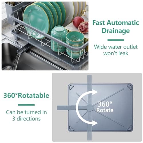 Space-Saving Dish Drying Rack with Drainboard and Removable Utensil Holder - Gray