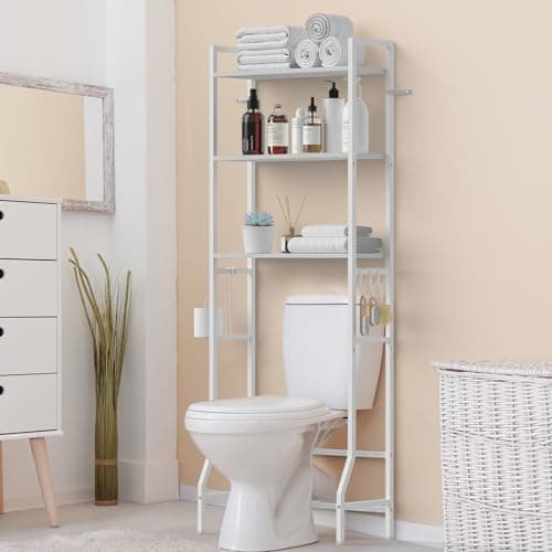 Black 3-Tier Metal Toilet Shelf Organizer with Hooks - Space Saver
