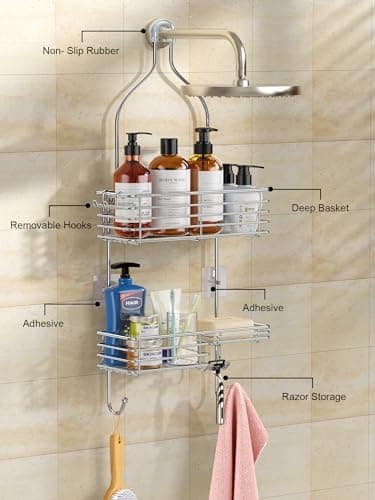 SMARTAKE Rustproof Shower Head Caddy, SUS201 Stainless Steel Over the Shower Organizer, Silver