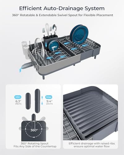 Expandable Dish Drying Rack for Kitchen Counter, Stainless Steel with Extendable Spout