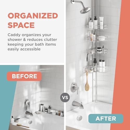 Zenna Home Adjustable Corner Shower Caddy, 60-97 Inch, Rust-Resistant Storage Basket System