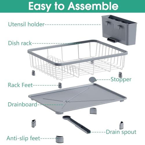 Space-Saving Dish Drying Rack with Drainboard and Removable Utensil Holder - Gray