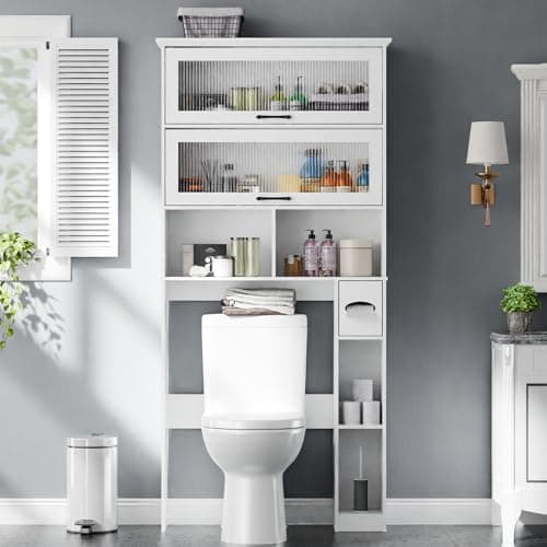 Bathroom Storage Cabinet with Transparent Door and Multiple Shelves, Freestanding Toilet Paper Organizer, White