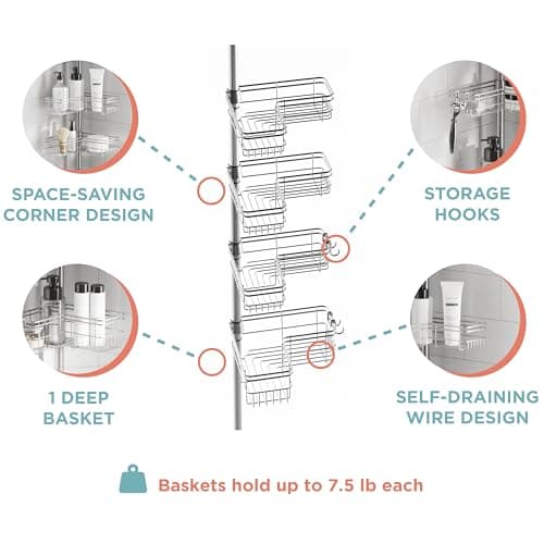 Zenna Home Adjustable Corner Shower Caddy, 60-97 Inch, Rust-Resistant Storage Basket System