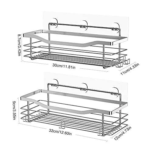 Orimade Rustproof Stainless Steel Shower Caddy 2 Pack - Adhesive Mount, 5 Hooks