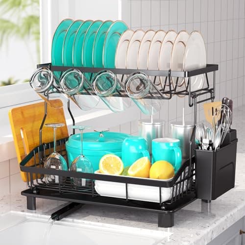 Space Saving Dish Drying Rack for Kitchen Counter - Rustproof with Drainboard and Utensil Holder