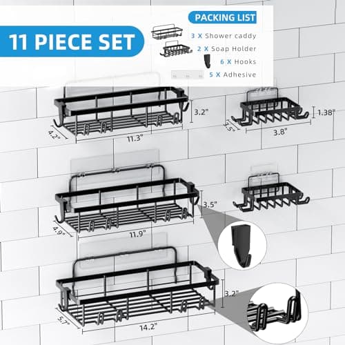 No Drilling Adhesive Shower Caddy - 5 Pack Shelf with Hooks and Large Capacity Organizer