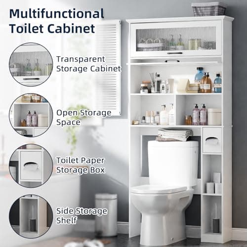 Bathroom Storage Cabinet with Transparent Door and Multiple Shelves, Freestanding Toilet Paper Organizer, White