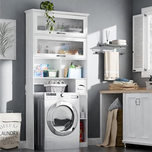 Bathroom Storage Cabinet with Transparent Door and Multiple Shelves, Freestanding Toilet Paper Organizer, White