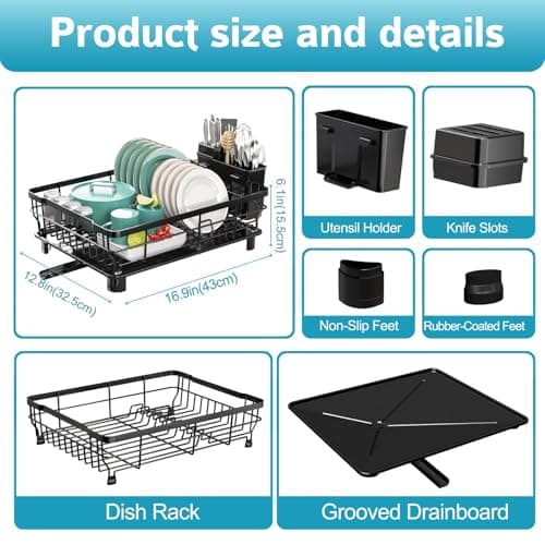 Space Saving Dish Drying Rack for Kitchen Counter - Rustproof with Drainboard and Utensil Holder