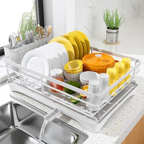 Large Rustproof Dish Drying Rack with Drainboard and Utensil Holder for Kitchen Counter - Black