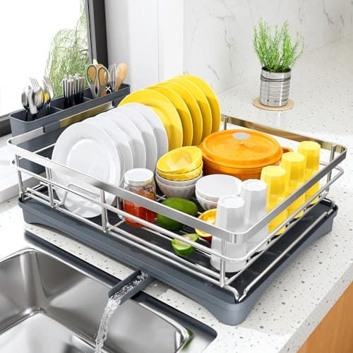 Large Rustproof Dish Drying Rack with Drainboard and Utensil Holder for Kitchen Counter - Black
