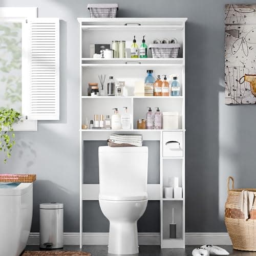 Bathroom Storage Cabinet with Transparent Door and Multiple Shelves, Freestanding Toilet Paper Organizer, White