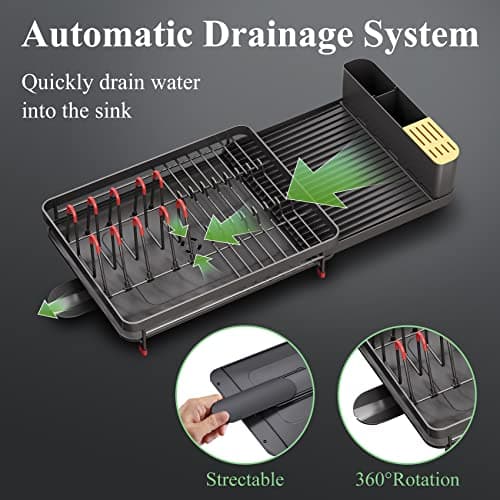 Expandable Dish Drying Rack for Kitchen Counter - 16.5 to 27 with Cutlery & Pan Holders, Anti-Rust Drainboard