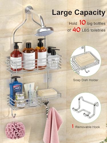SMARTAKE Rustproof Shower Head Caddy, SUS201 Stainless Steel Over the Shower Organizer, Silver