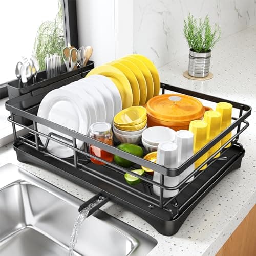 Large Rustproof Dish Drying Rack with Drainboard and Utensil Holder for Kitchen Counter - Black