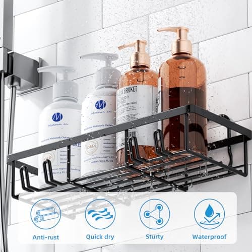 No Drilling Adhesive Shower Caddy - 5 Pack Shelf with Hooks and Large Capacity Organizer