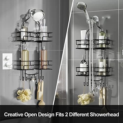 SRIWATANA Black Hanging Shower Caddy with Hooks for Razors