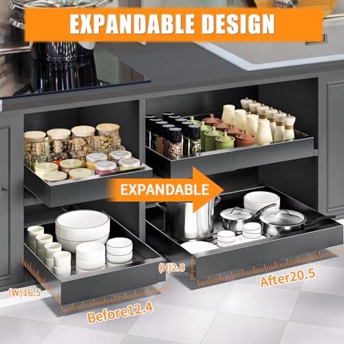 Expandable Pull Out Cabinet Organizer for Kitchen and Pantry, Black