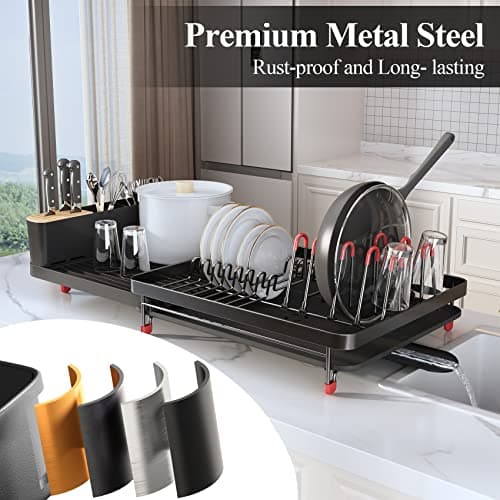 Expandable Dish Drying Rack for Kitchen Counter - 16.5 to 27 with Cutlery & Pan Holders, Anti-Rust Drainboard