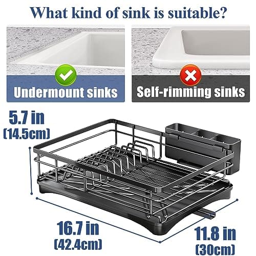 Large Rustproof Dish Drying Rack with Drainboard and Utensil Holder for Kitchen Counter - Black