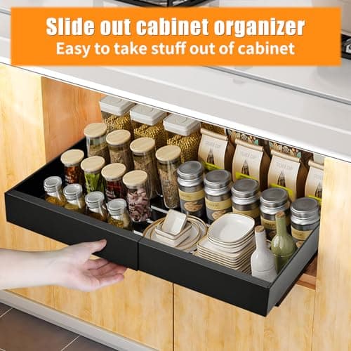 Expandable Pull Out Cabinet Organizer for Kitchen and Pantry, Black