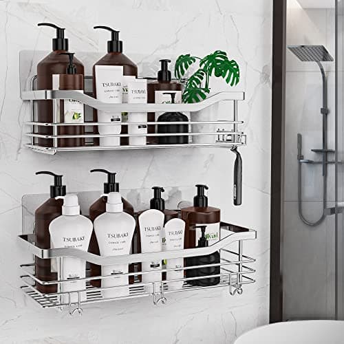 Orimade Rustproof Stainless Steel Shower Caddy 2 Pack - Adhesive Mount, 5 Hooks