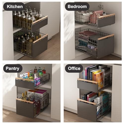 Cabinet Organizer with Slide Out Drawers and Wooden Handle for Kitchen, Pantry, Bedroom, Office