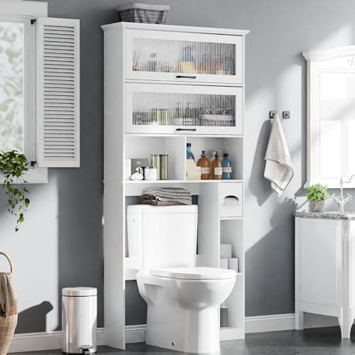 Bathroom Storage Cabinet with Transparent Door and Multiple Shelves, Freestanding Toilet Paper Organizer, White
