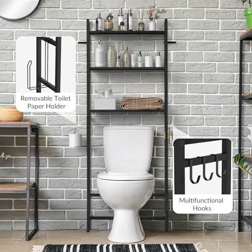 Black 3-Tier Metal Toilet Shelf Organizer with Hooks - Space Saver