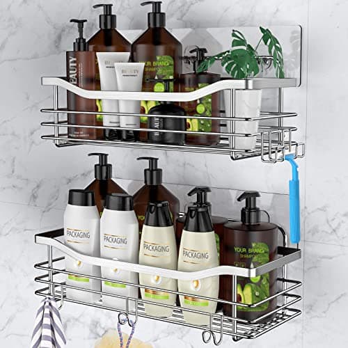 Orimade Rustproof Stainless Steel Shower Caddy 2 Pack - Adhesive Mount, 5 Hooks