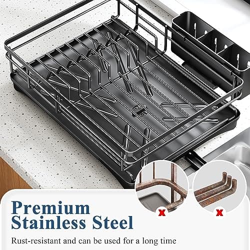 Large Rustproof Dish Drying Rack with Drainboard and Utensil Holder for Kitchen Counter - Black