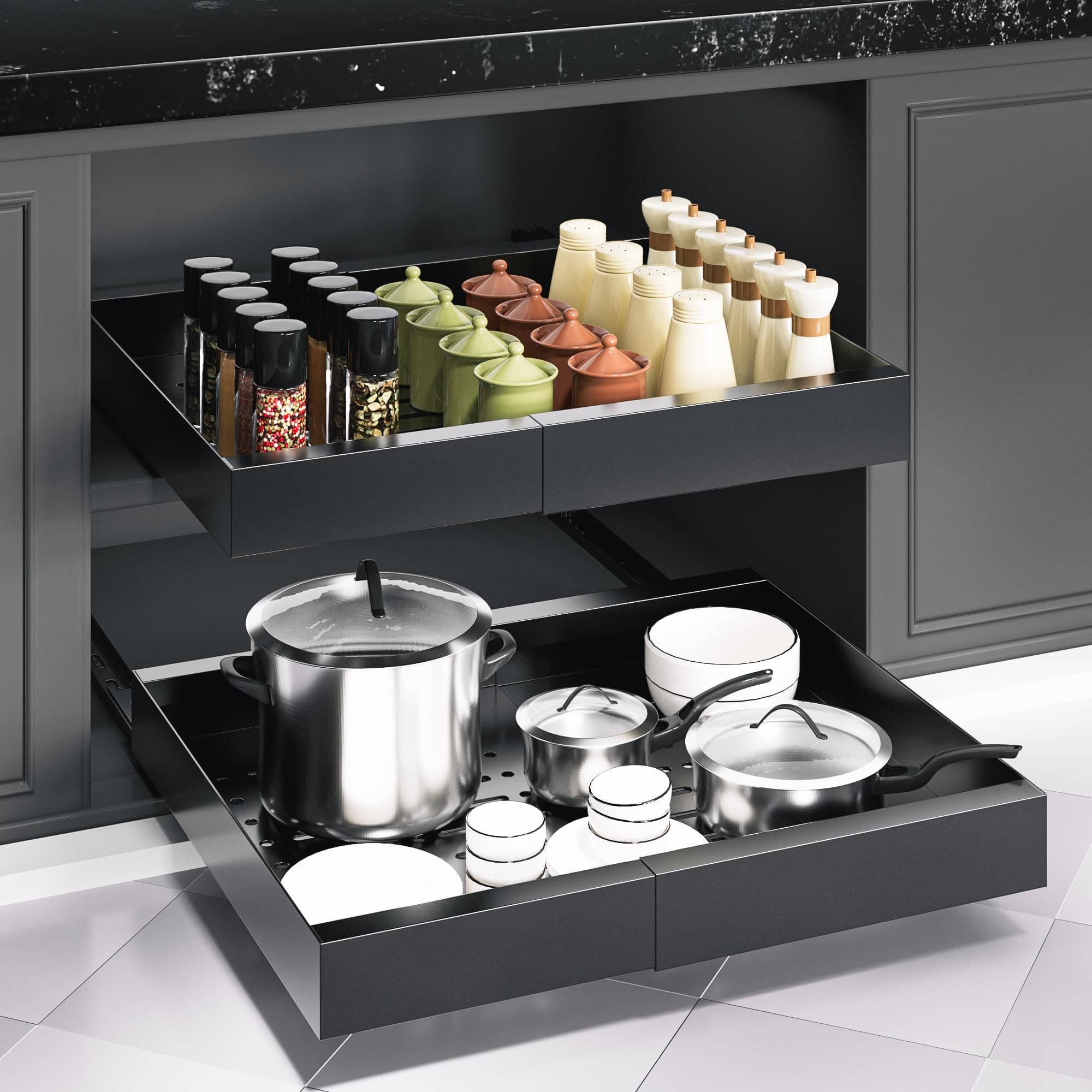 Expandable Pull Out Cabinet Organizer for Pots, Pans, and Kitchen Storage - Black