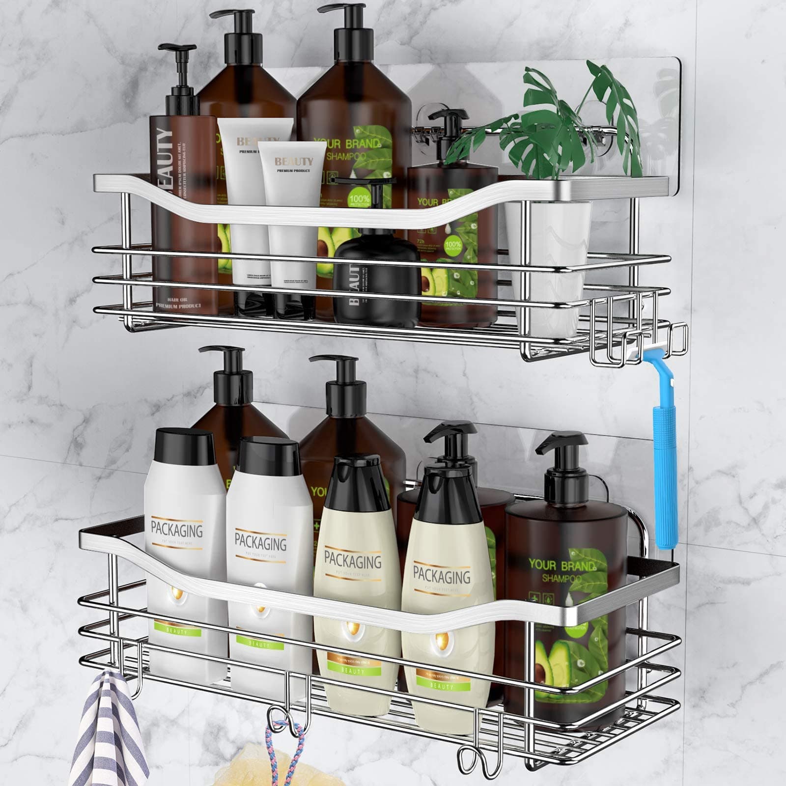 Orimade Rustproof Stainless Steel Shower Caddy 2 Pack - Adhesive Mount, 5 Hooks