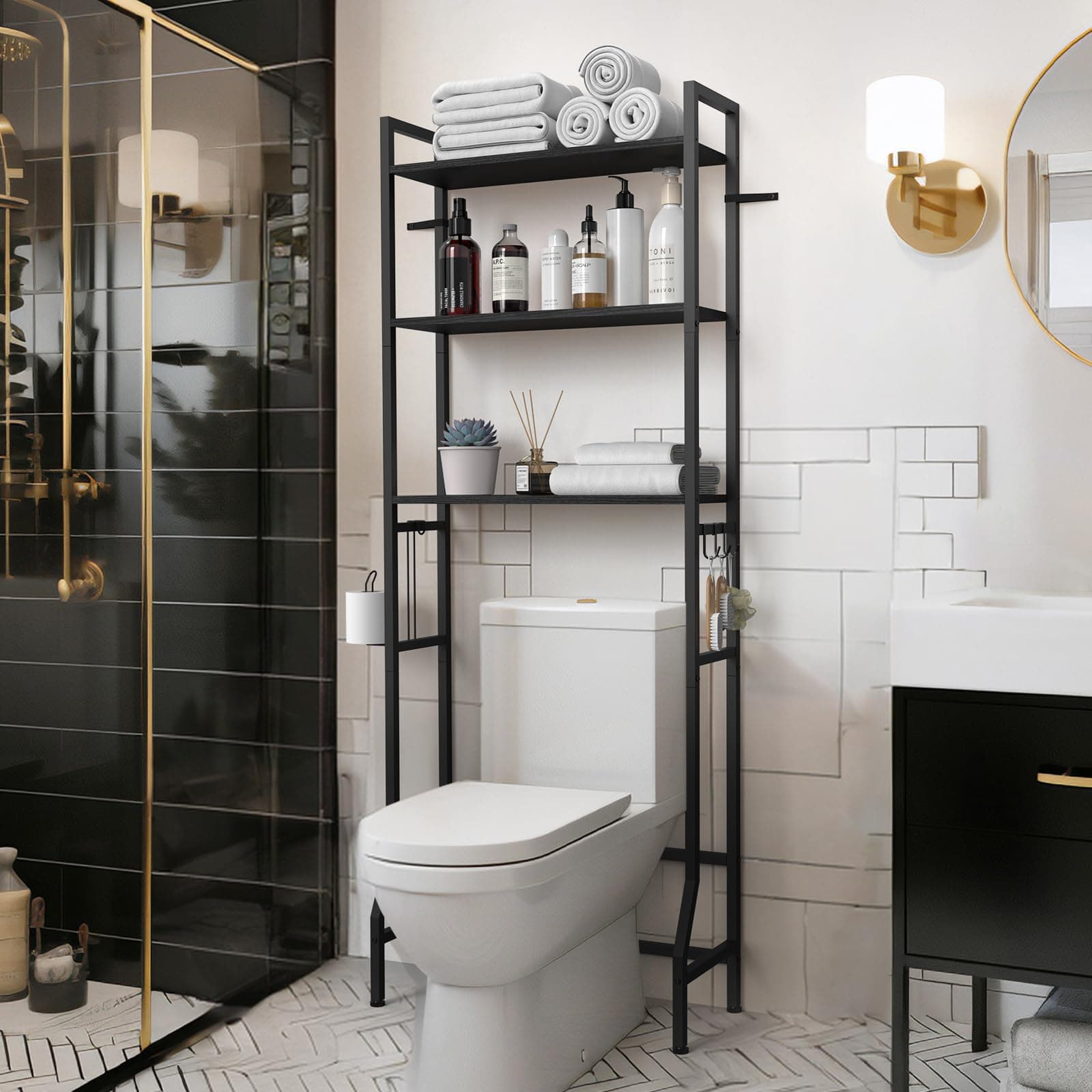 Black 3-Tier Metal Toilet Shelf Organizer with Hooks - Space Saver