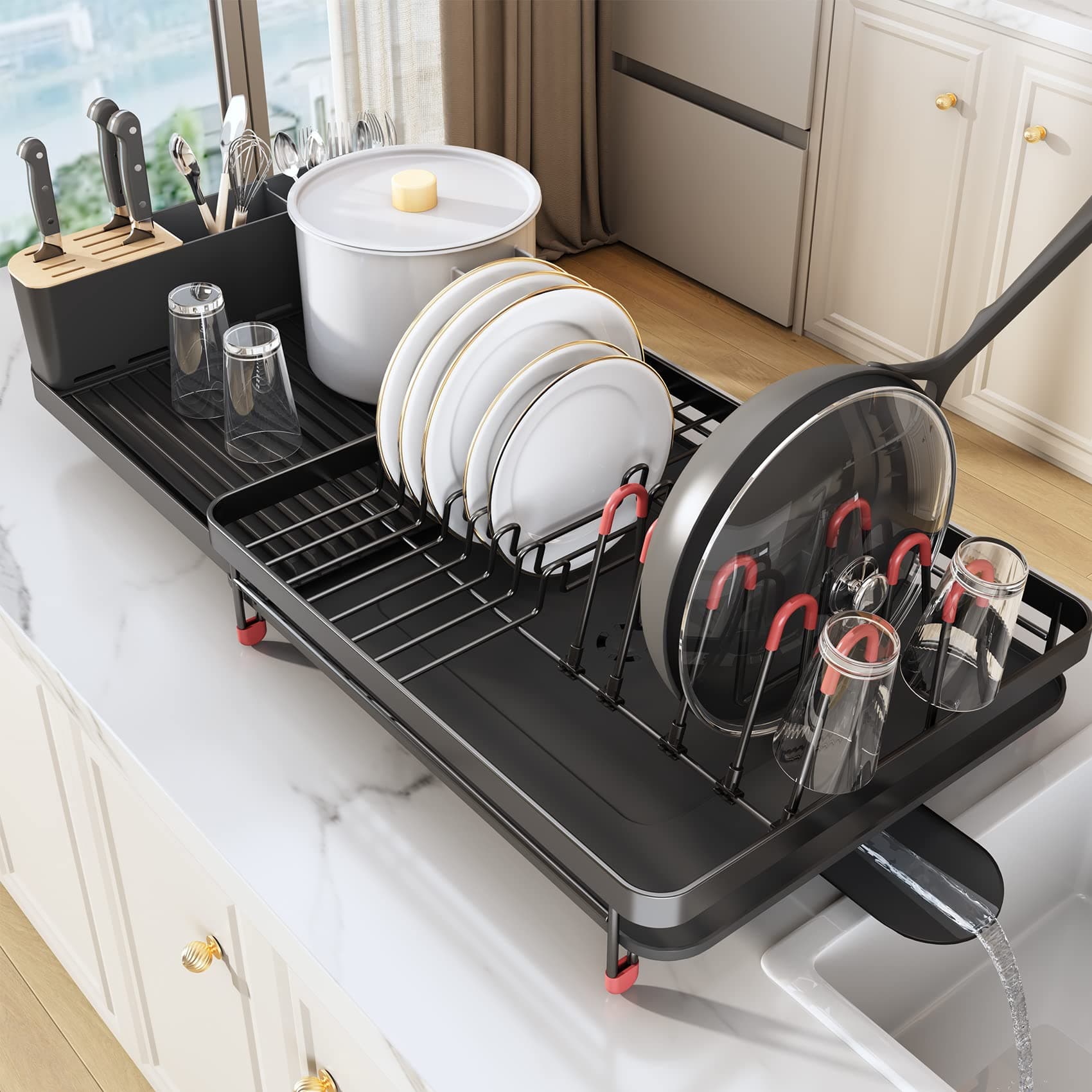 Expandable Dish Drying Rack for Kitchen Counter - 16.5 to 27 with Cutlery & Pan Holders, Anti-Rust Drainboard