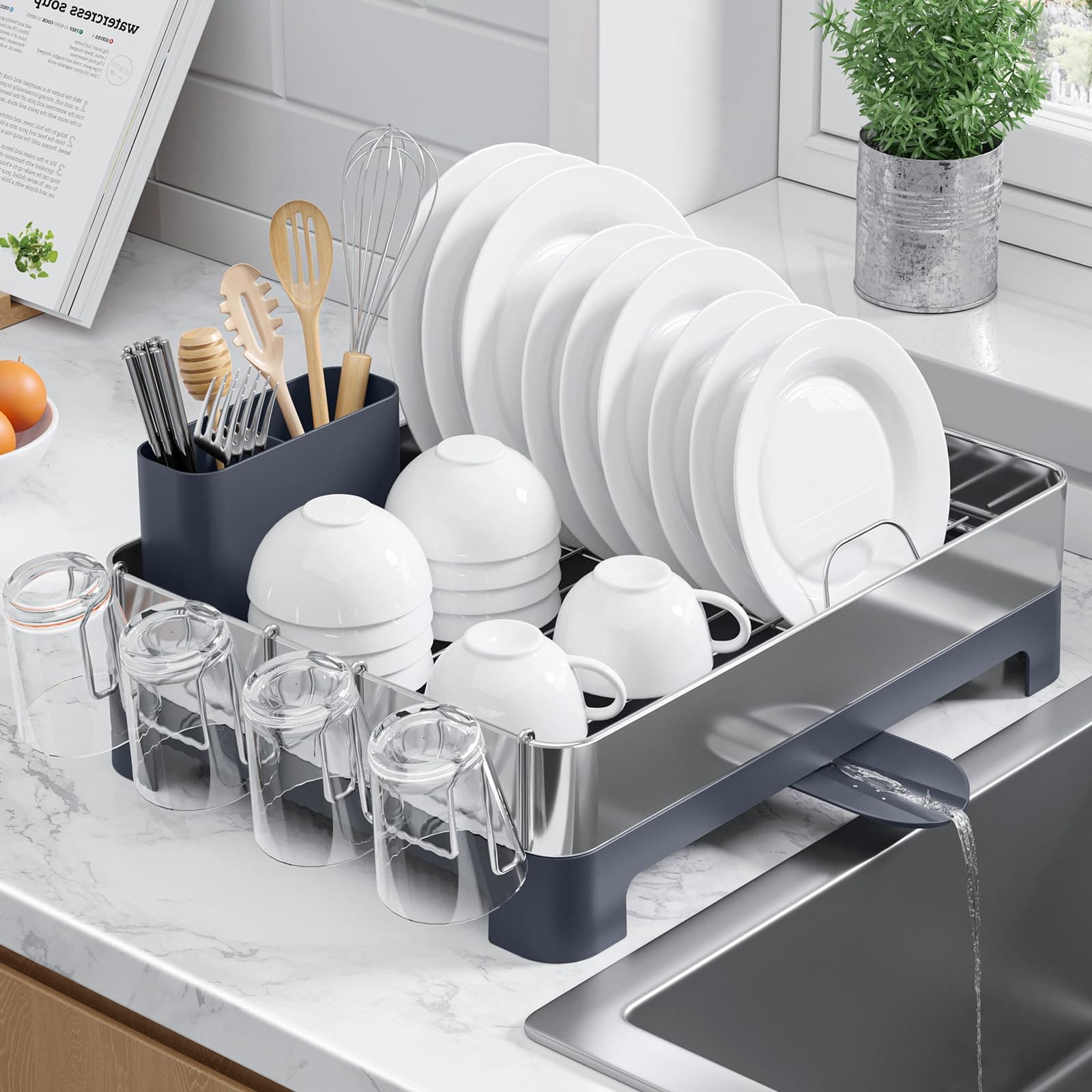 Space-Saving Stainless Steel Dish Drying Rack for Kitchen Counter
