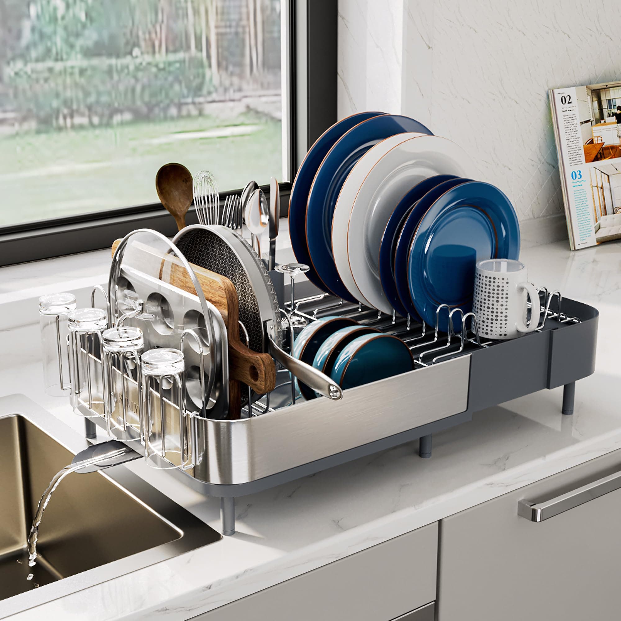 Expandable Dish Drying Rack for Kitchen Counter, Stainless Steel with Extendable Spout