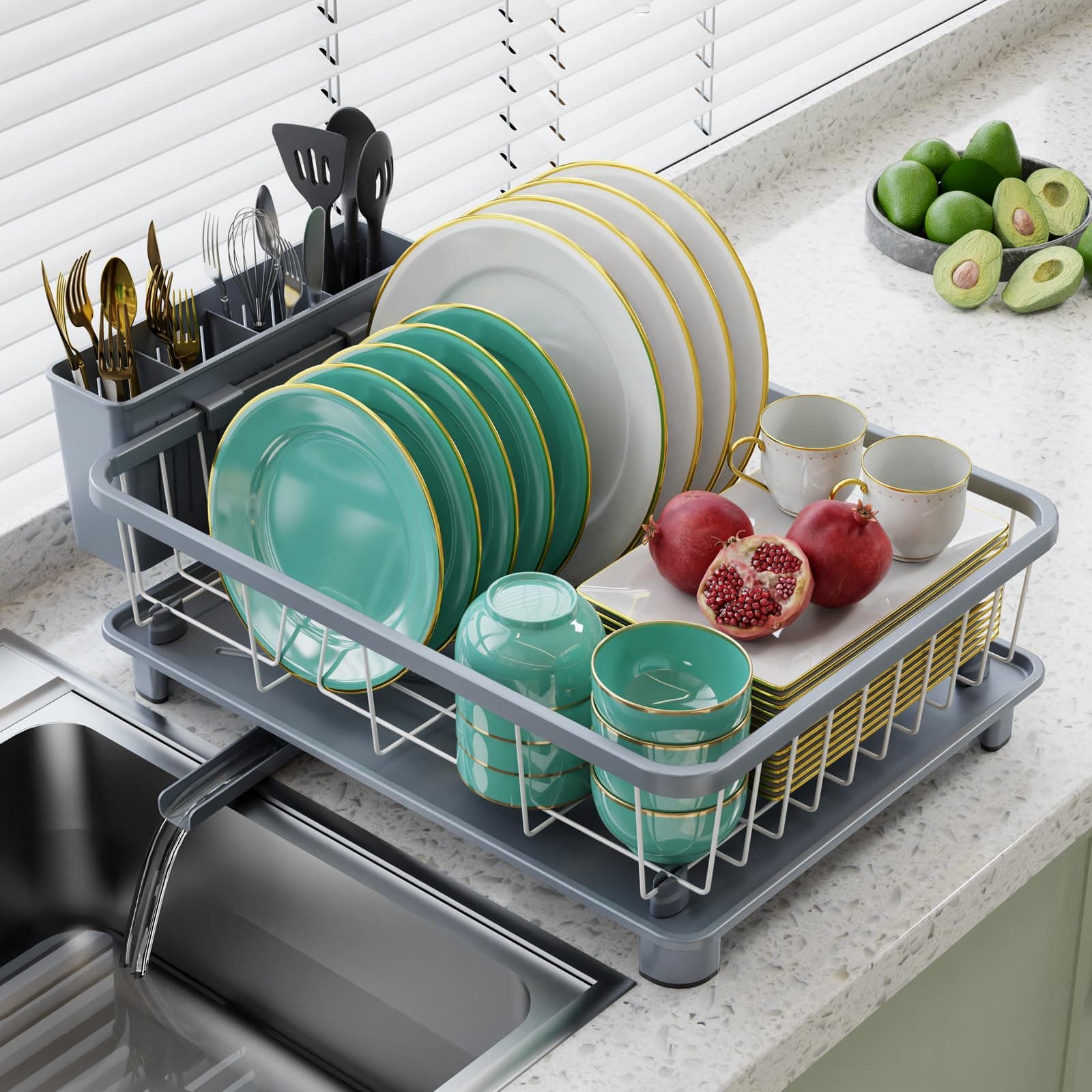 Space-Saving Dish Drying Rack with Drainboard and Removable Utensil Holder - Gray