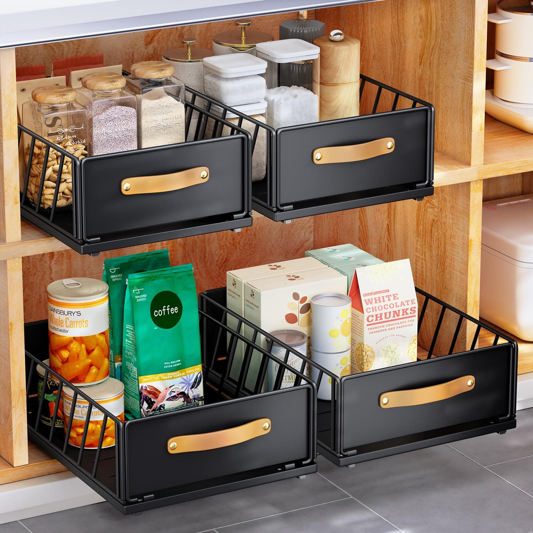 Nano Film Adhesive Cabinet Organizer with Sliding Basket for Kitchen and Bathroom