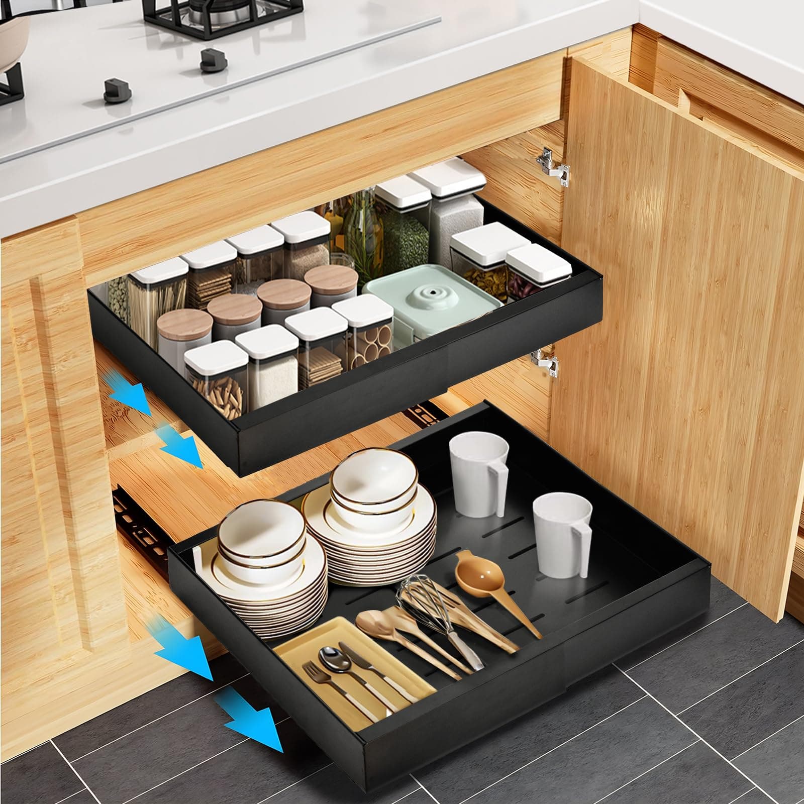 Expandable Pull Out Cabinet Organizer for Kitchen and Pantry, Black