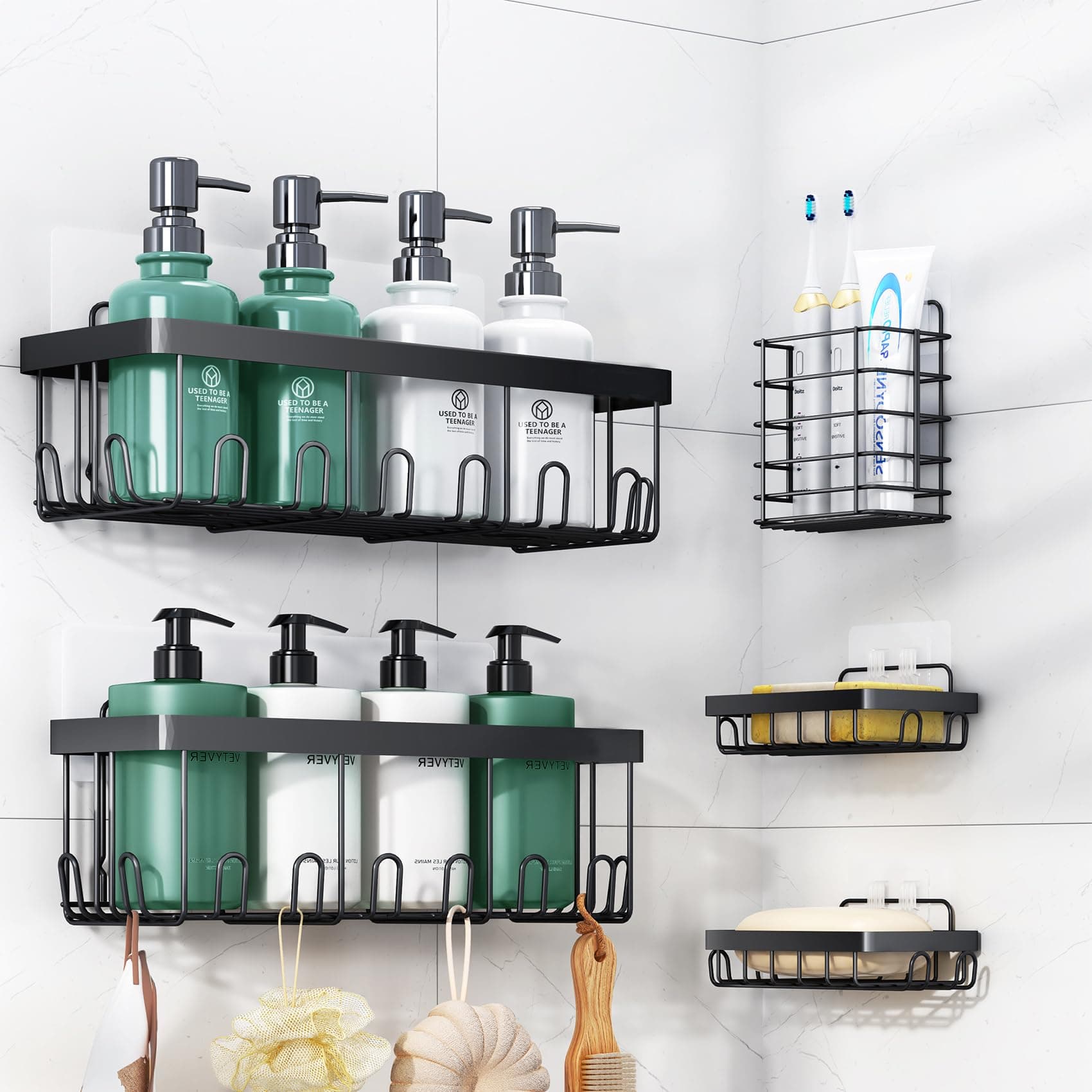 Black Rustproof Shower Caddy Organizer with Hooks for Bathroom & Kitchen
